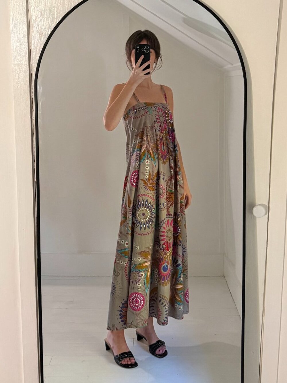 Antik Batik Vintage Y2K Rhinestone Embellished Floral Midi Dress Grey Size M